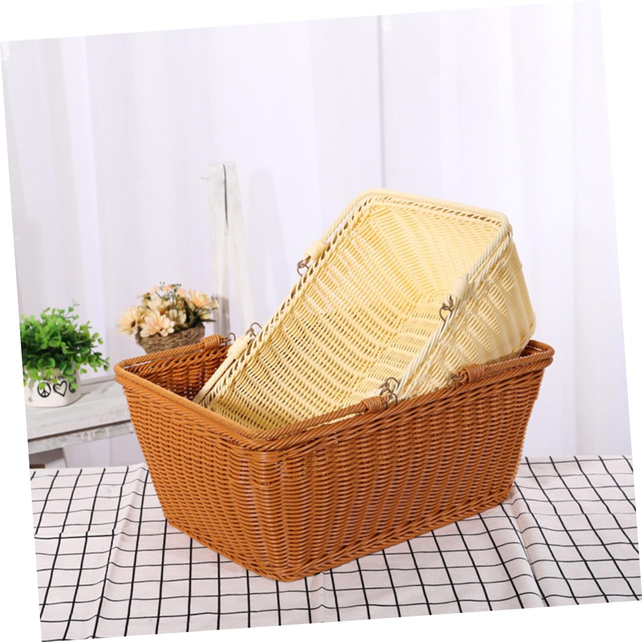 1pc Simulated Rattan Woven Basket for Storage Light Brown for Flowers Vegetables Picnic Essentials Portable Decorative Basket for Home Use