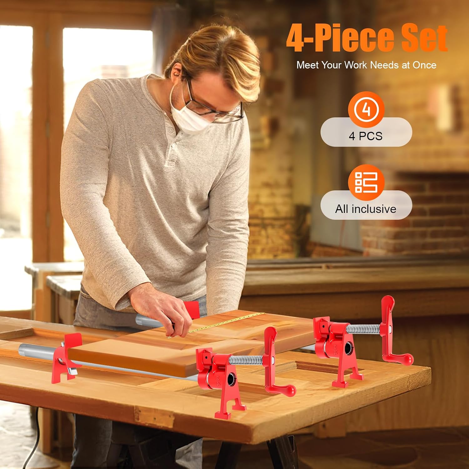 3/4 Inch Heavy Duty Pipe Clamp Set, 4 Packs Wood Gluing Bar Clamps & Adjustable H-Style Cast Iron Quick Release Clamps - for Woodworking, Furniture, Cabinet Making, DIY Projects
