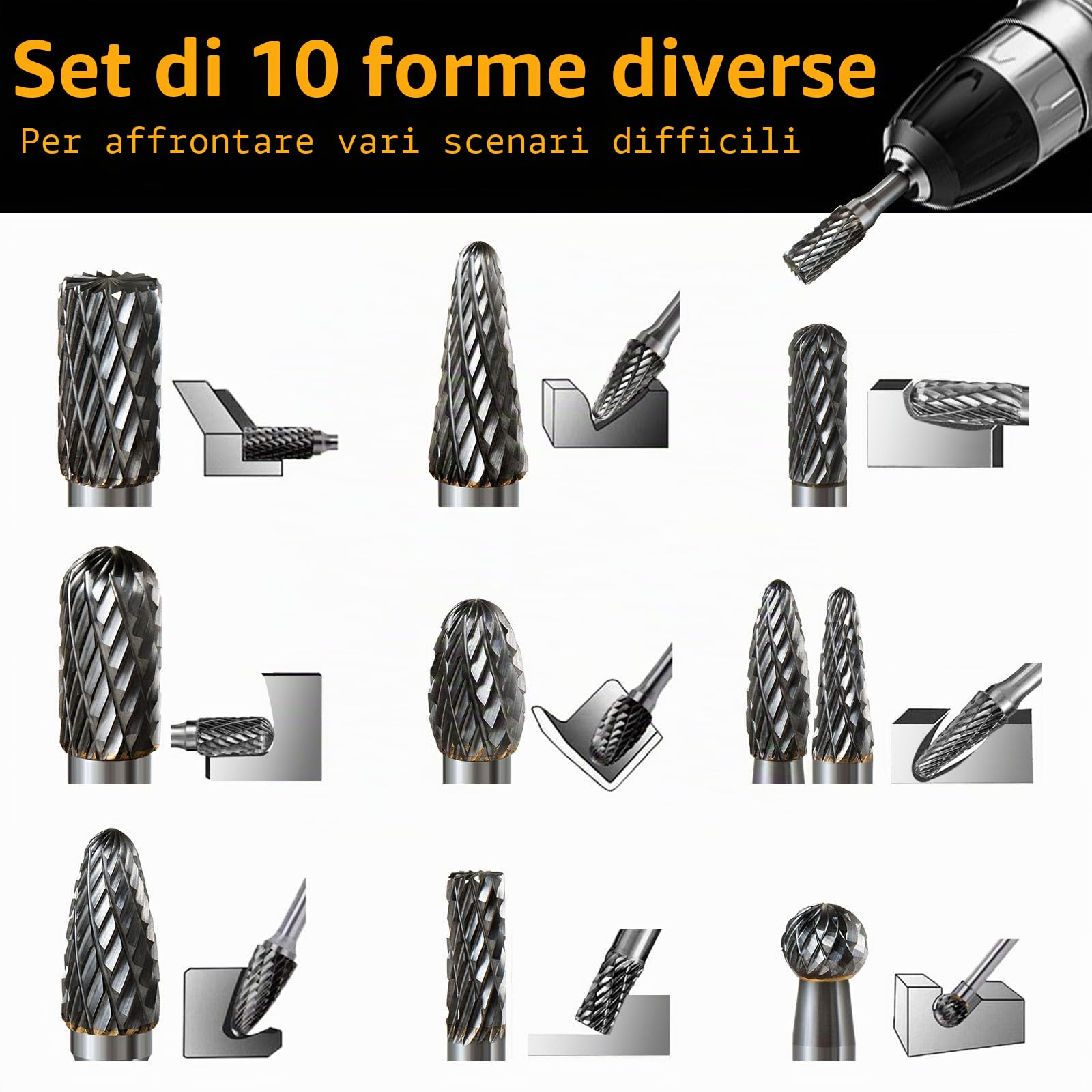 Set di Frese in Metallo Duro, 10 Pezzi Frese Rotanti in Carburo di Tungsteno con Gambo da 6mm per Legno, Acciaio, Metallo, Incisione, Lucidatura, Trapano