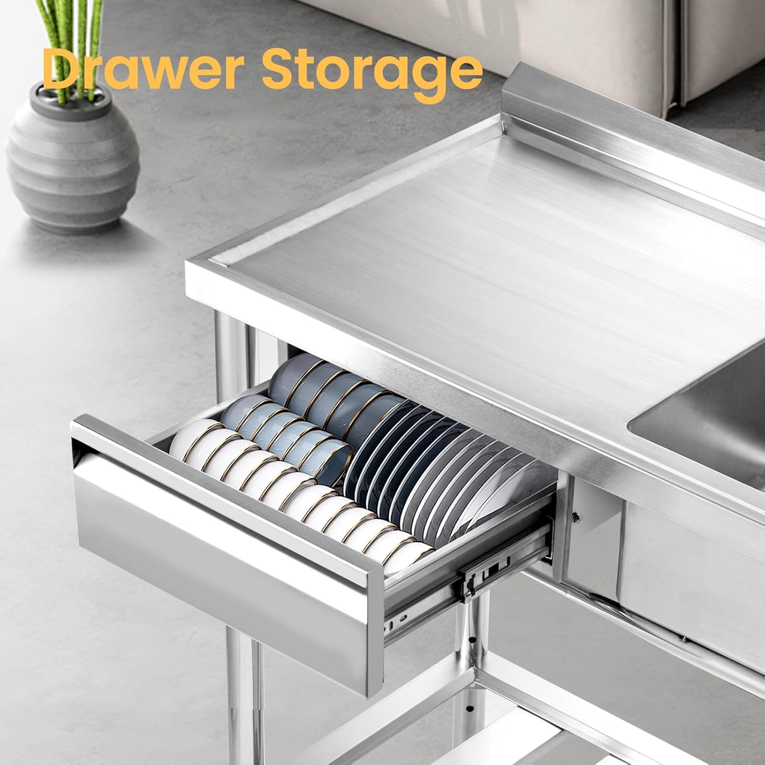 Stainless Steel Utility Sink, 47.2'' Free Standing Single Bowl Kitchen Sink with Left Drawer, Cold and Hot Water Pipe, Indoor and Outdoor for Laundry Room Farmhouse Kitchen(47.2 inch)