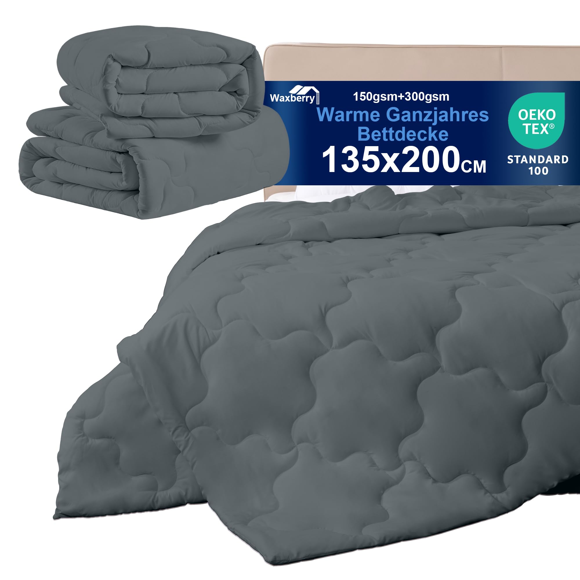 Waxberry 4 Jahreszeiten Bettdecke 135x200, 2 Teilig Set - Winterdecke 450gsm - Ganzjahresdecke 300gsm + Sommerdecke 150gsm, Weiche Steppdecke Waschbar Anti-Allergisch, Dunkelgrau - 1