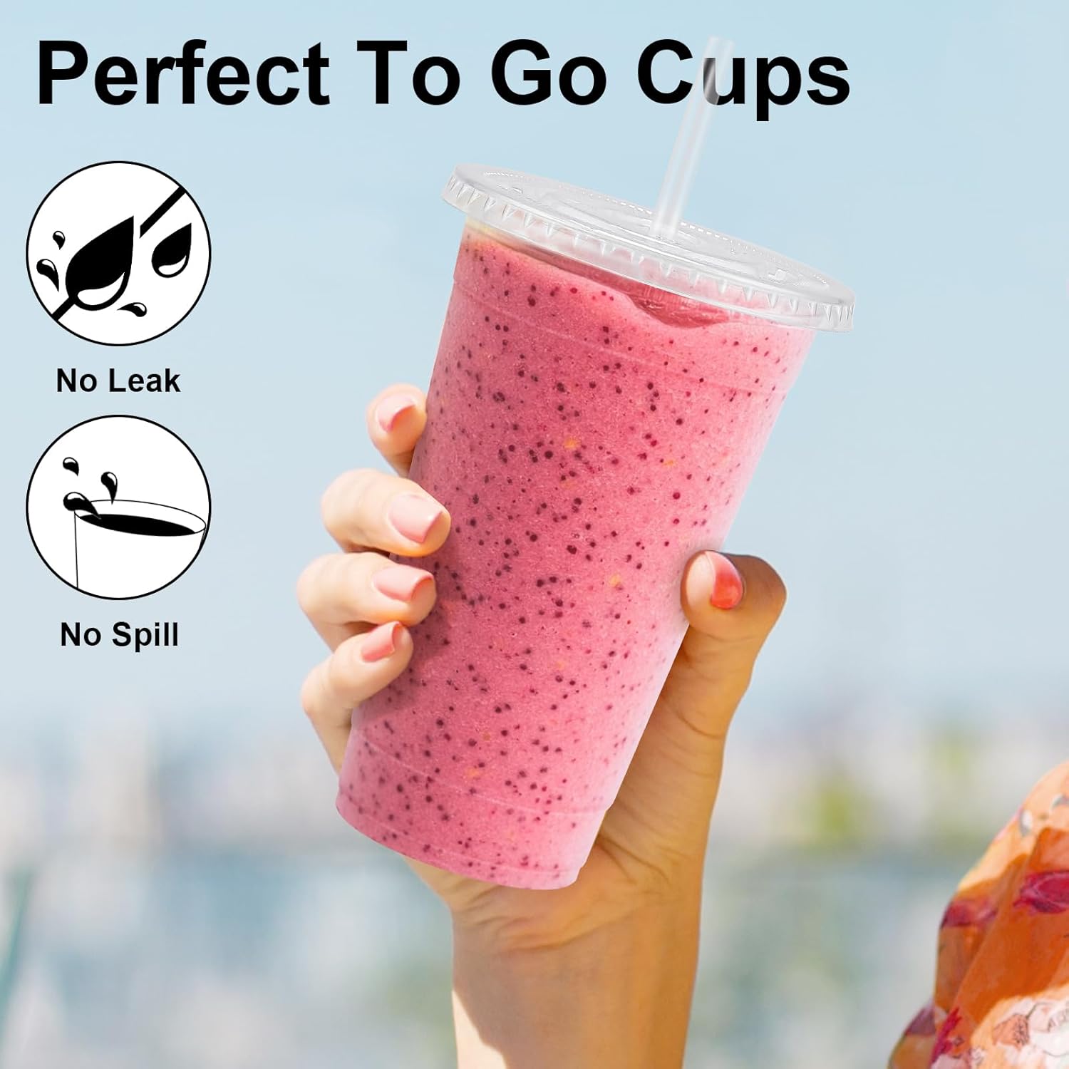 Lamosi 100 Pack 20 oz Clear Plastic Cups with Lids and Straws, Disposable Iced Coffee Cups with Lids for To-Go Cold Drinks, Smoothies and Slushie - Image 4