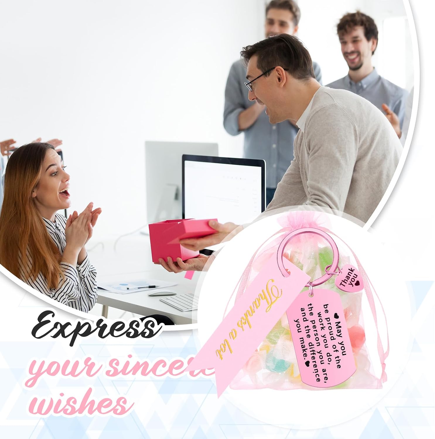 Yinkin 72 Pcs Employee Appreciation Gifts Bulk Thank You Coworker Keychain Gifts with Organza Bags and Thank You Cards(Pink)