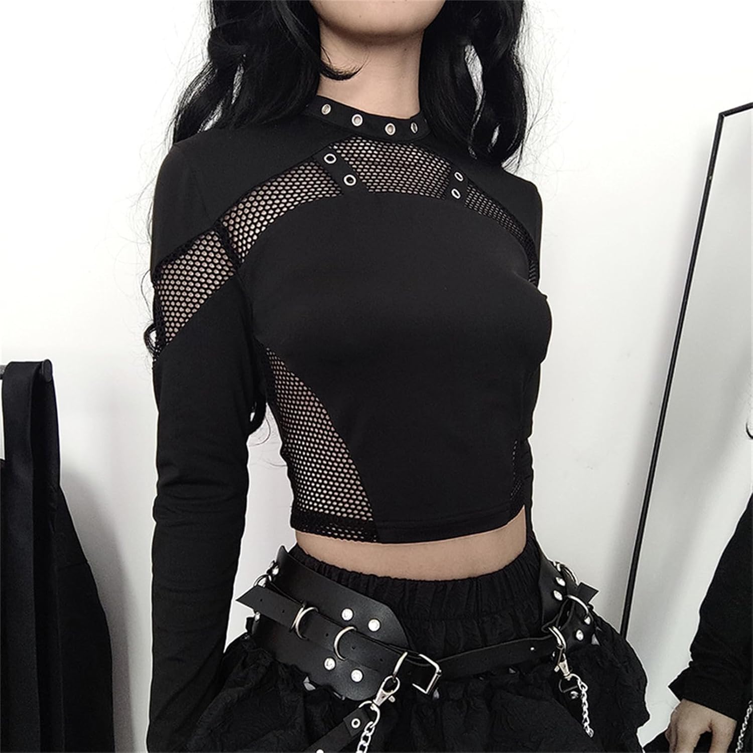 Women Gothic Long Sleeve Crop Top Y2K Fishnet Patchwork Cropped Tank T-Shirt - Image 3