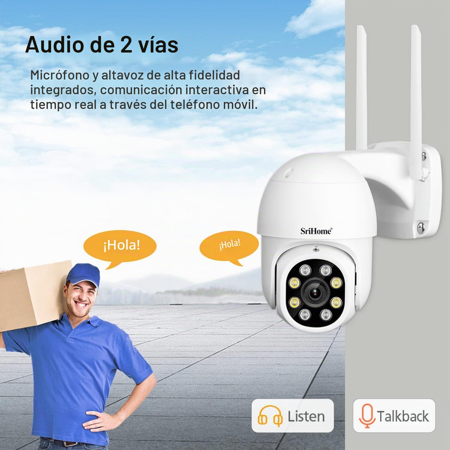 Cámara de vigilancia de Seguridad SriHome, 2MP WiFi PTZ IP Camera, Seguimiento de Movimiento automático,Visión Nocturna,IP66 Resistente al Agua,Audio 2Way
