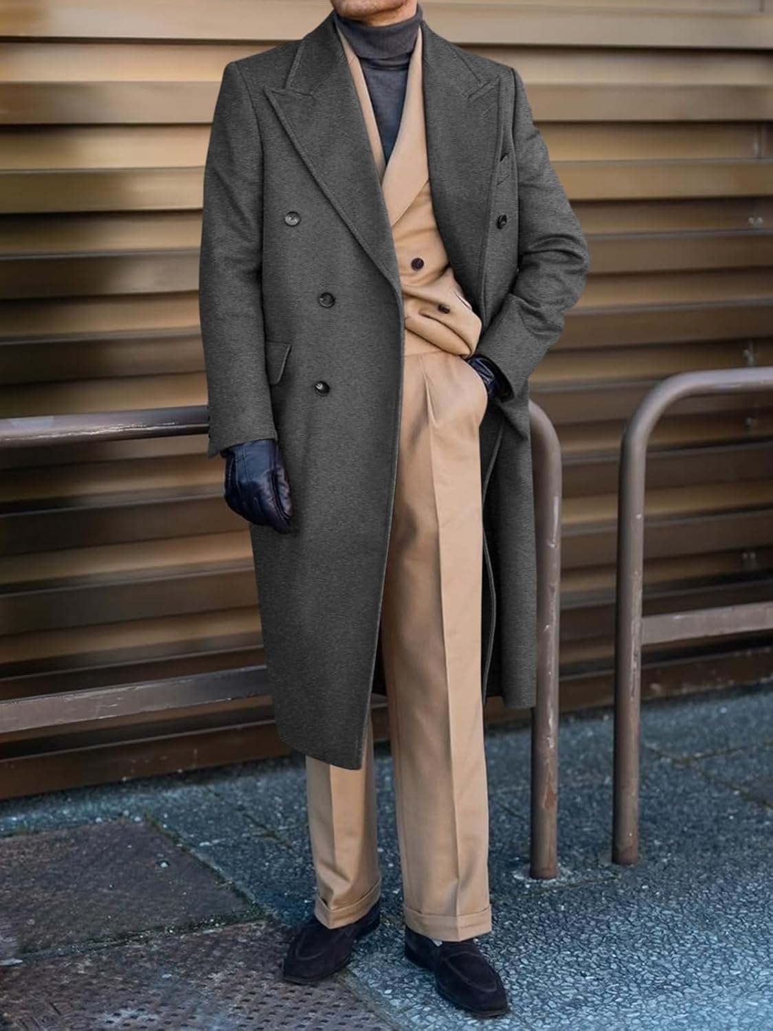 Runcati Mens Wool Blend Casual Trench Coat Notched Collar Lapel Long Jacket Peacoat Double Breasted Classic Winter Overcoat - Image 2