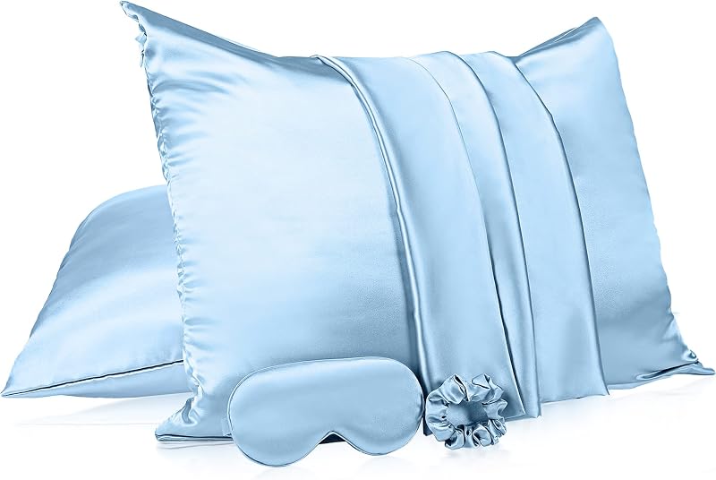 Tatuo Conjunto de fronha de cetim com zíper, máscara para dormir e scrunchie, azul, tamanho padrão, Classic Style, pacote com 2 fronhas