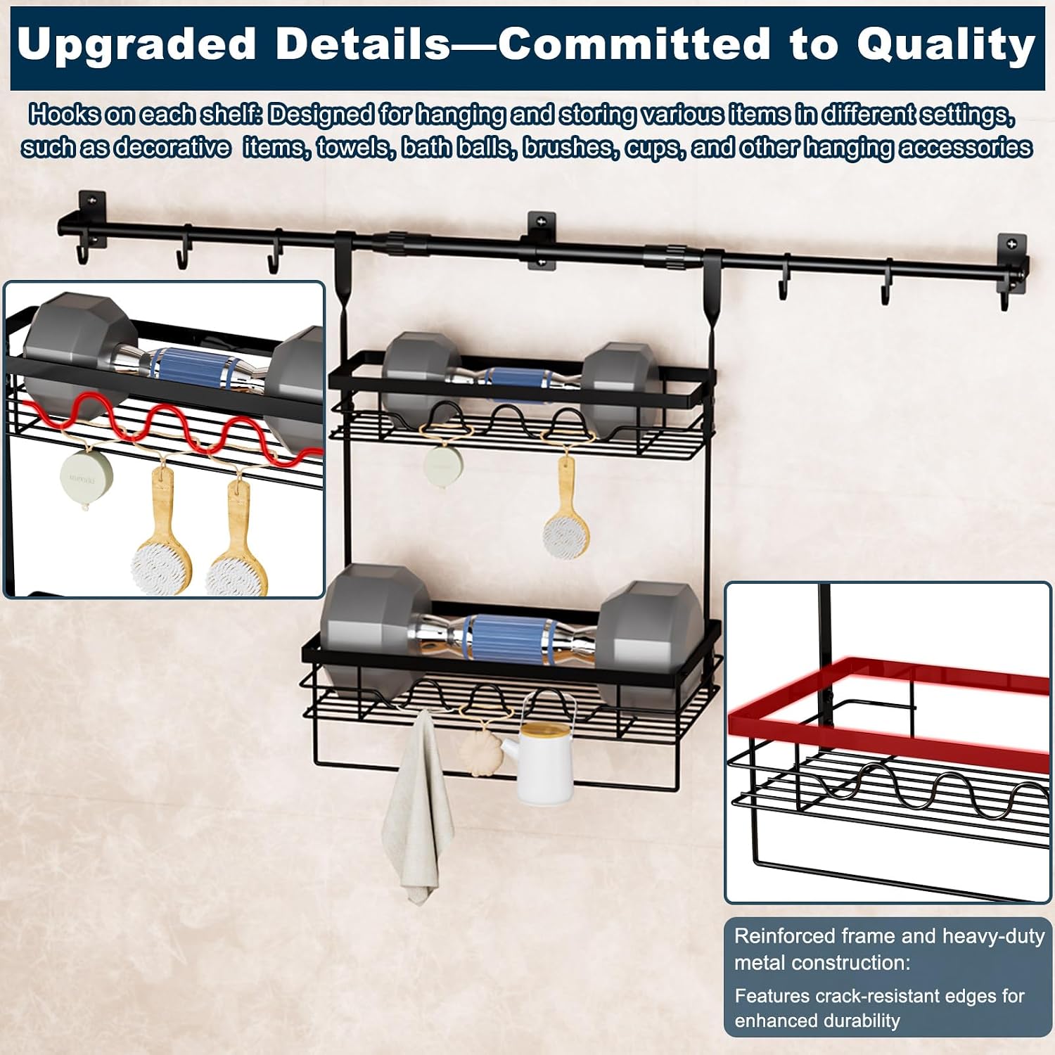 Spice Rack Wall Mount,Upgrade To A Retractable Bracket, With Towel Bar And Kitchen Hooks,For Over The Stove Shelf,Coffee Mug Holder,Kitchen,Coffee Bar,Pantry,Bathroom,Laundry Room
