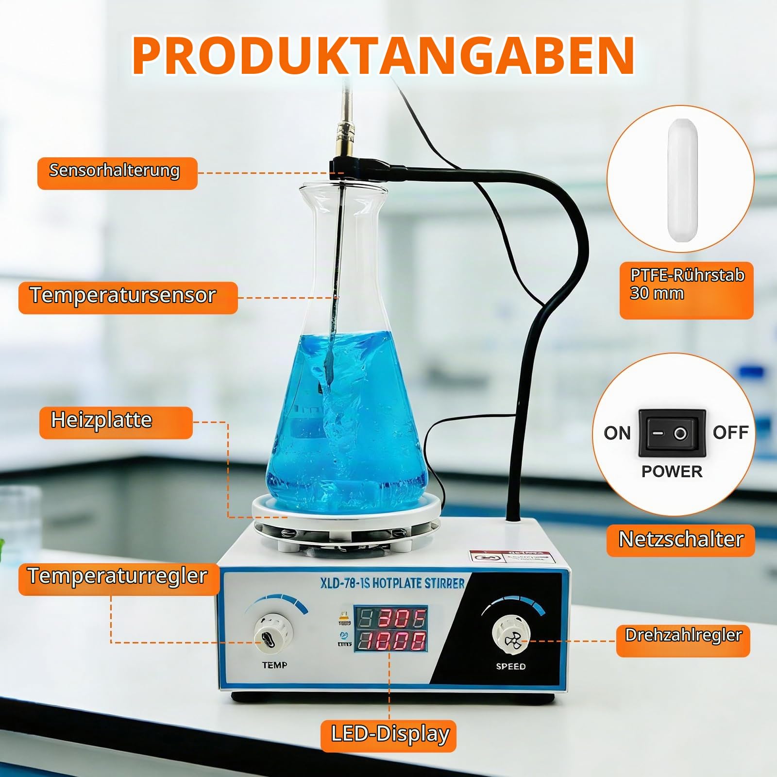 Magnetrührer Heizplatte, 700-2600 U/min, 2L Kapazität, 100℃, 180W | Magnetischer Mischer mit LED-Anzeige, Labor Magnetic Stirrer Mixer mit einstellbarem RPM-Taste, Stützständer, Rührstäben
