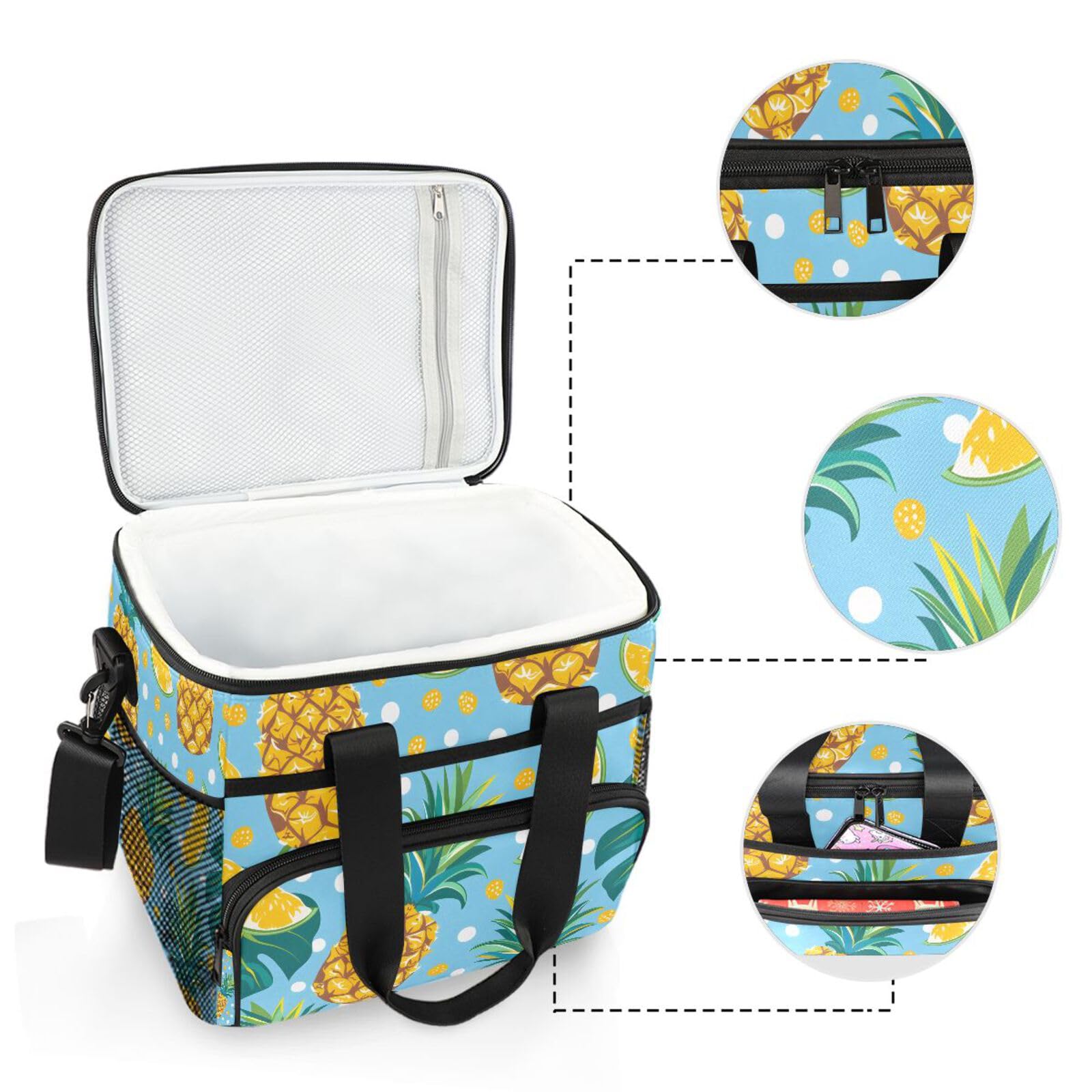Bolsa térmica grande con diseño de hojas tropicales, lunares, piña, aislada, para picnic, 15 litros, 24 latas, impermeable, para adultos, hombres y mujeres