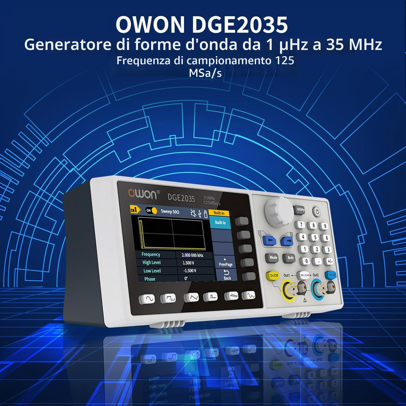 OWON DGE2035 Generatore portatile di forme d'onda arbitrarie, display LCD da 3,6 pollici, doppio canale, uscita di frequenza da 35 MHz, frequenza di campionamento massima di 150MSa/s generatore