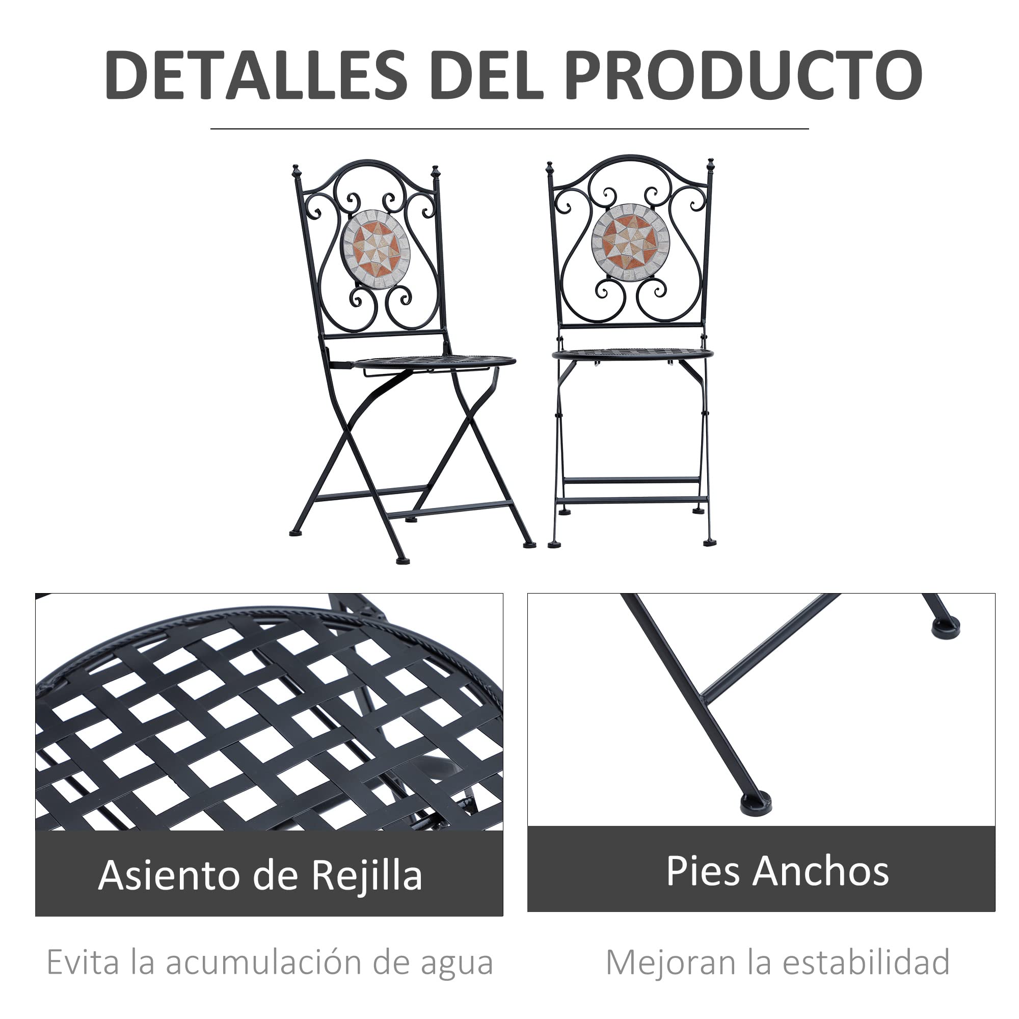 Outsunny Set de 2 Sillas Plegables de Jardín Bistro 50x40x94,5 cm Negro | Silla Asiento Mosaico, para Terraza Balcón, Metal, Carga 120 kg