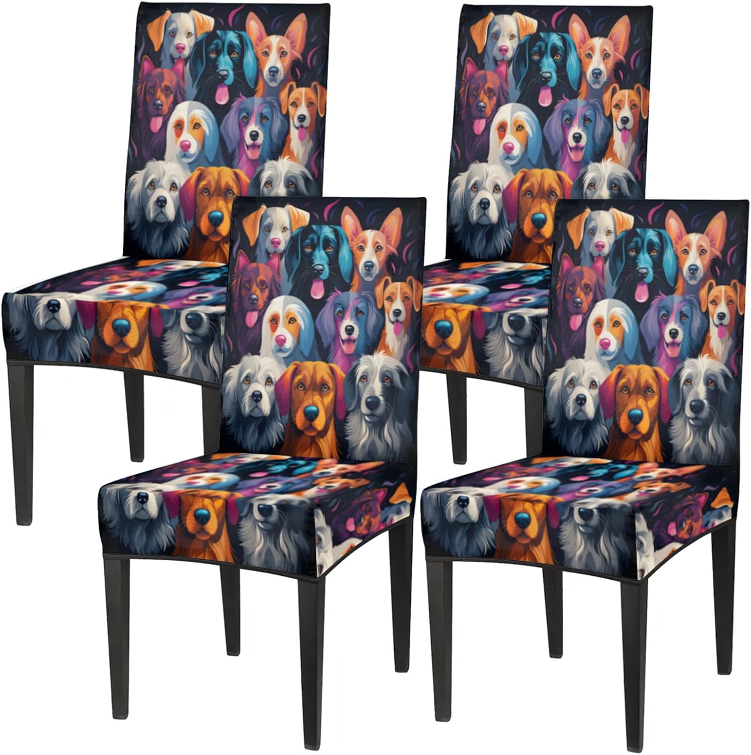 QsirBC Colorful Hand Painted Dogs Stretch Dining Room Chair Covers Set of 4 Chair Slipcovers Removable Washable Kitchen Seat Covers Chair Protectors for Hotel Party Wedding