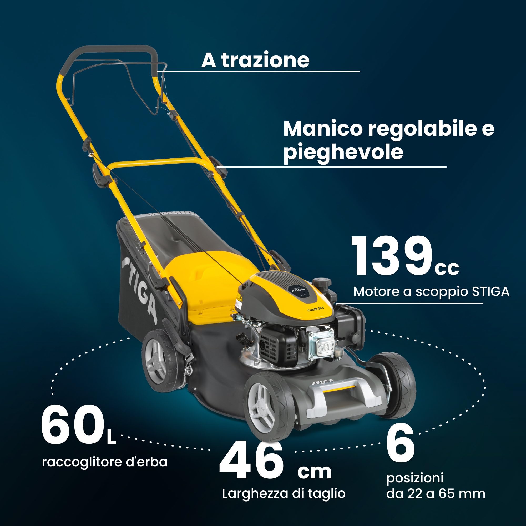 STIGA Combi 48 S a Tagliaerba A Scoppio, 139 cc, 46 cm – Sacco 60 l, Mulching Integrato – Prati Domestici