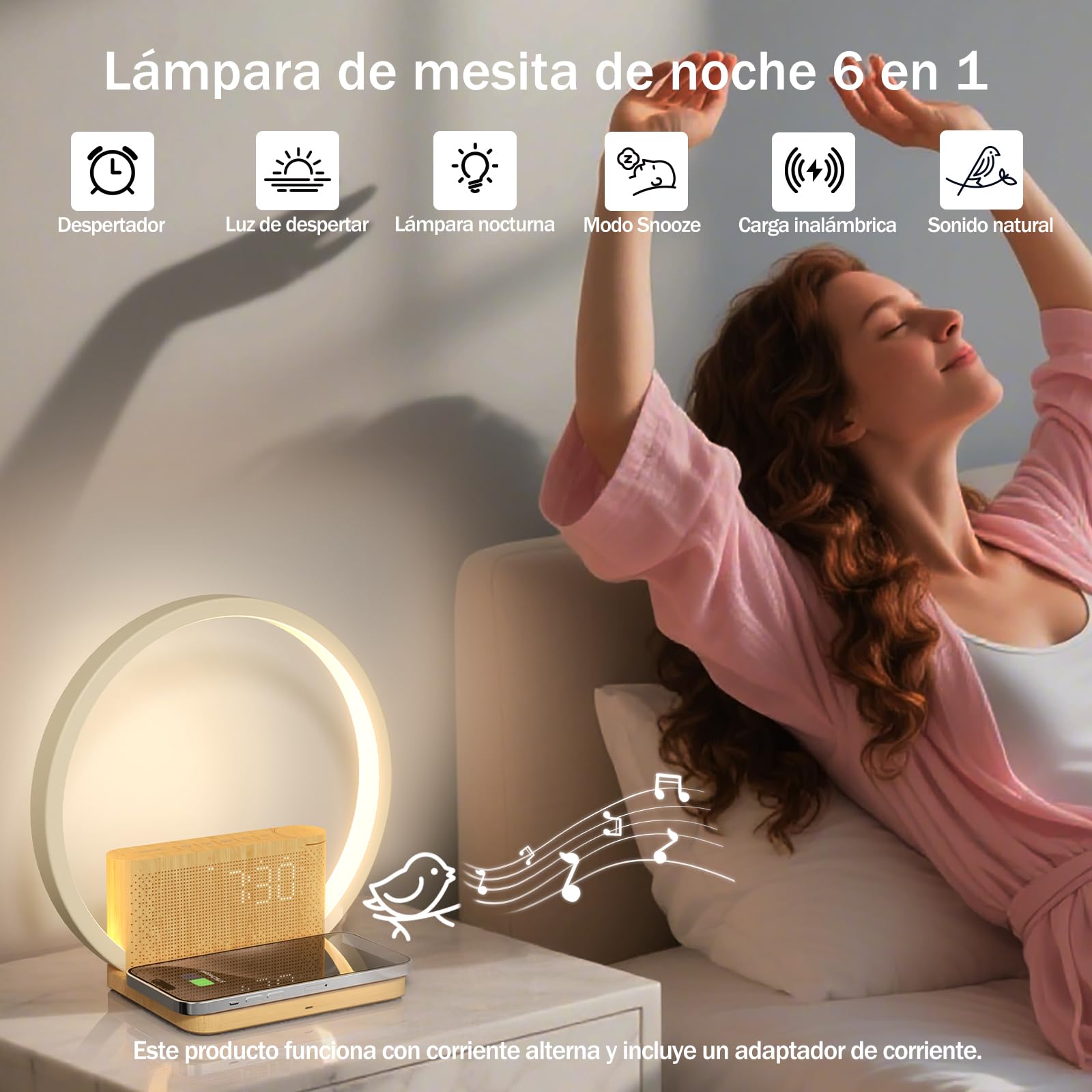 blonbar Lámpara de Mesita con Carga Inalámbrica y Despertador de Amanecer | Despertador con Luz,Regulador táctil 3 niveles de brillo,Sonidos Naturales,Snooze, apto para dormitorio y escritorio