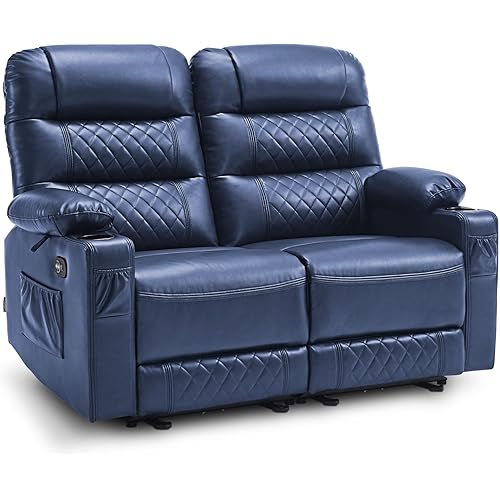 MCombo Power Loveseat Recliner, Electric Reclining Loveseat Sofa with Heat and Vibration, Cup Holders, USB Charge Port, Faux Leather Electric Reclining Sofa PR622Sets (Navy Blue, Loveseat)