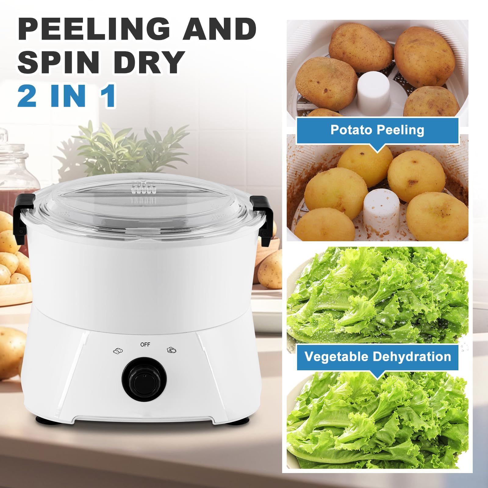 Pelapatate elettrico, affettatrice per verdure con lama e cestello, capacità 0,8 kg per pelare patate e centrifugare verdure e insalata, essiccatore per uso commerciale e domestico