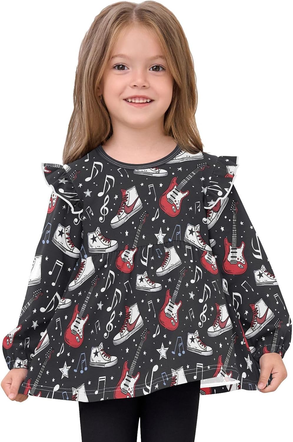 visesunny Toddler Clothes for Girls Shoes Electric Guitar Long Sleeve Fall Shirts Cotton Top with Ruffle Collar