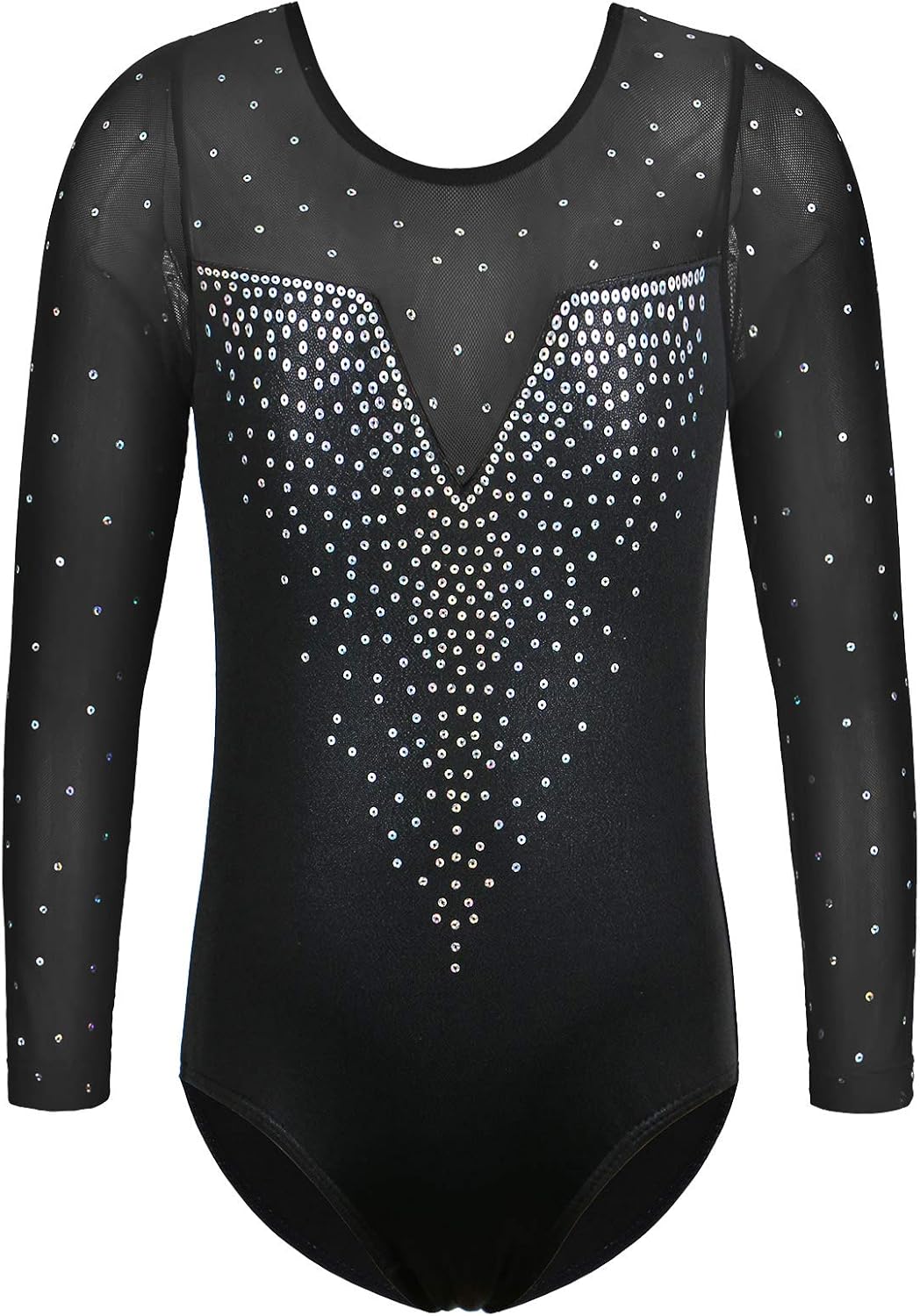 BAOHULU Leotards for Girls Gymnastics Long Sleeve Embroidery Shiny Black Diamond Dance Clothes