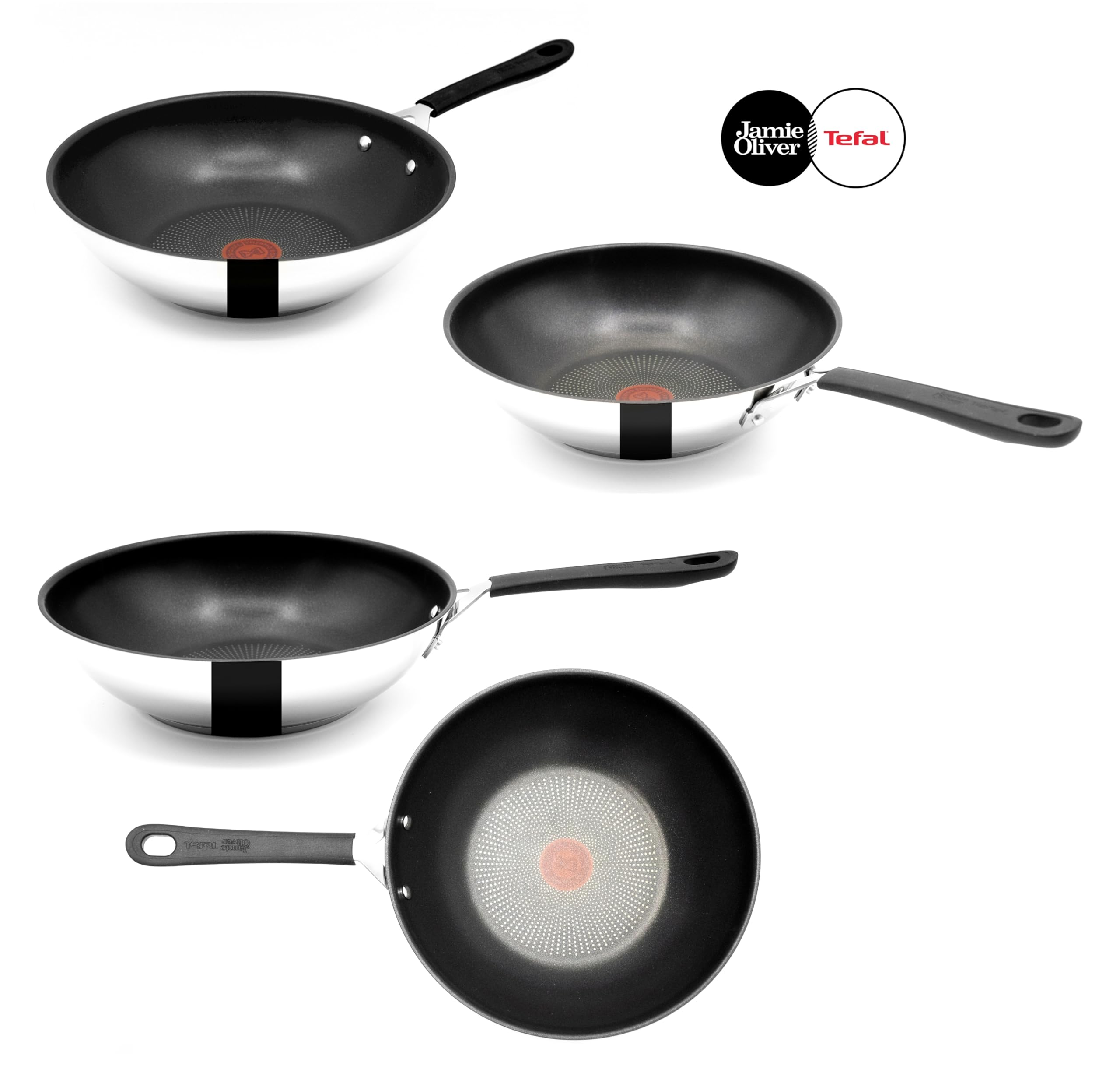 Tefal Jamie Oliver Wok 28 cm inducción, wok de acero inoxidable grande, antiadherente, borde alto, apto para horno, mango remachado, E30