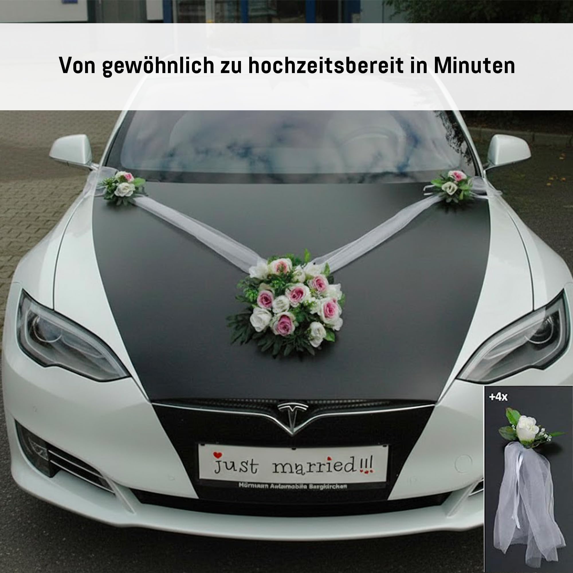 Autoschmuck – Décorations de voiture de mariage – Réalisées à partir de roses et de dentelle