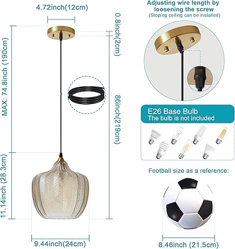 Miniatura 6 de Lámpara colgante moderna dorada, lámpara colgante de cristal ámbar para isla de cocina, lámpara colgante ajustable vintage para comedor, pasillo,