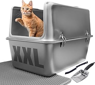 Caja de arena XXL de acero inoxidable con tapa, capacidad de 30 litros, 16 pulgadas de alto, a prueba de fugas, pedal antirastreo, antiadherente, fácil de limpiar, a prueba de salpicaduras, parte superior extraíble para gatos grandes y múltiples incluye pala y alfombrilla