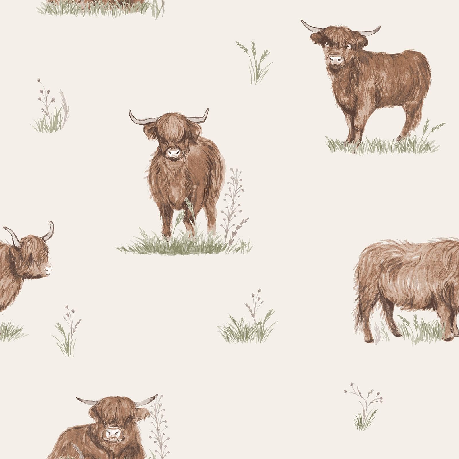 Muriva Multicolour Catherine Lansfield Angus Highland Cow Farmhouse Cottage-Style Design For Nurseries Playrooms Kids' Bedroom Wallpaper (165532)