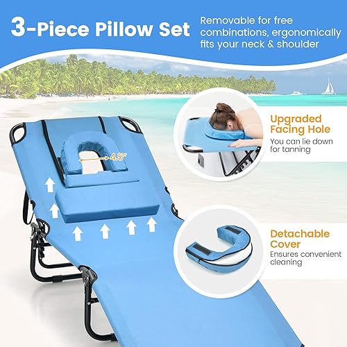 Miniatura 15 de Tangkula Sillón de playa, reclinable plegable para tomar el sol con agujero frontal, silla de bronceado boca abajo con respaldo ajustable de 5
