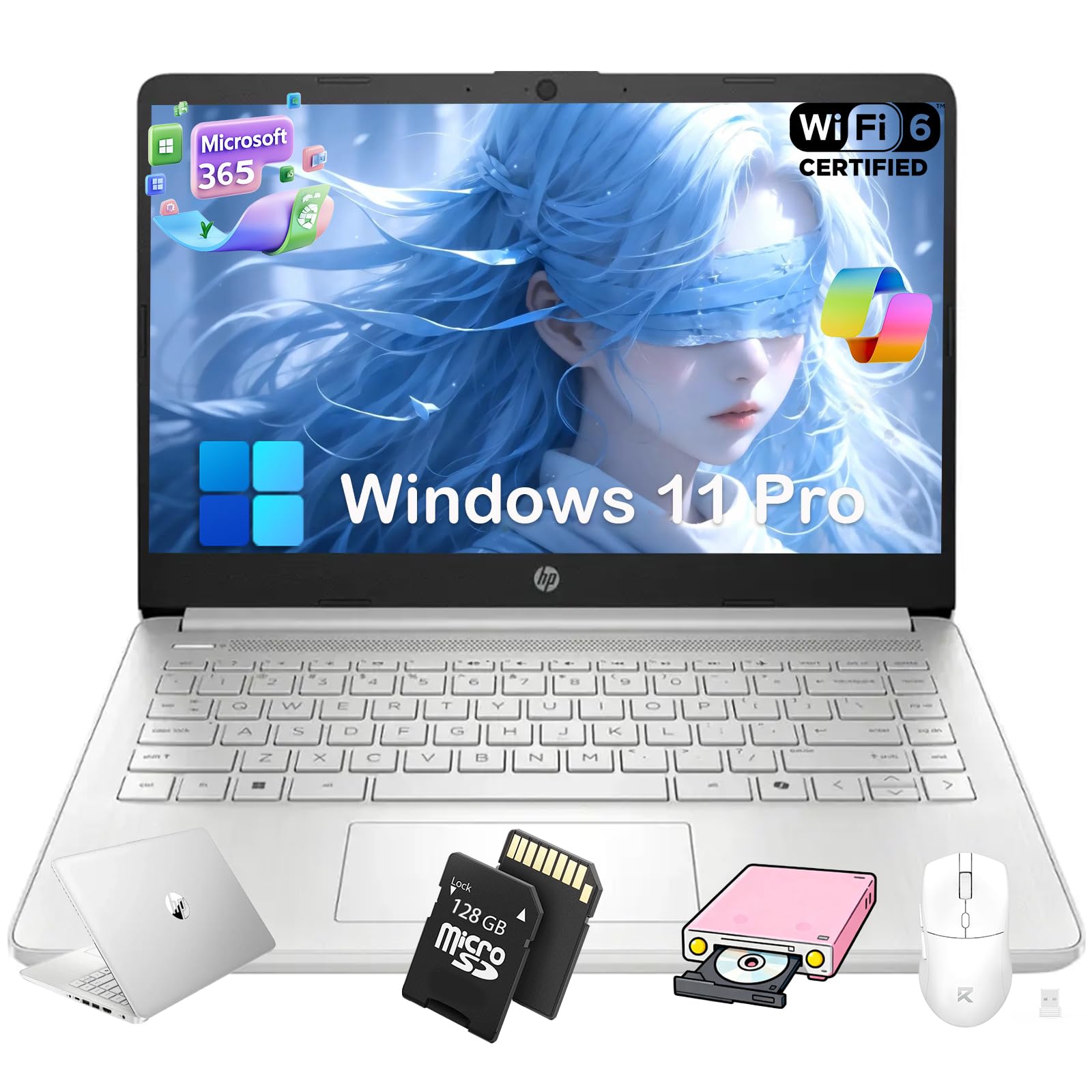2025 14 inch Everyday Laptop Computer for Student & Business - AI-Powered 1-Y Office 365, Intel Quad-Core CPU, Copilot AI, Ultra-Light, 16G RAM, 128GB UFS, 128GB SD Card, Win 11 Pro, Silver