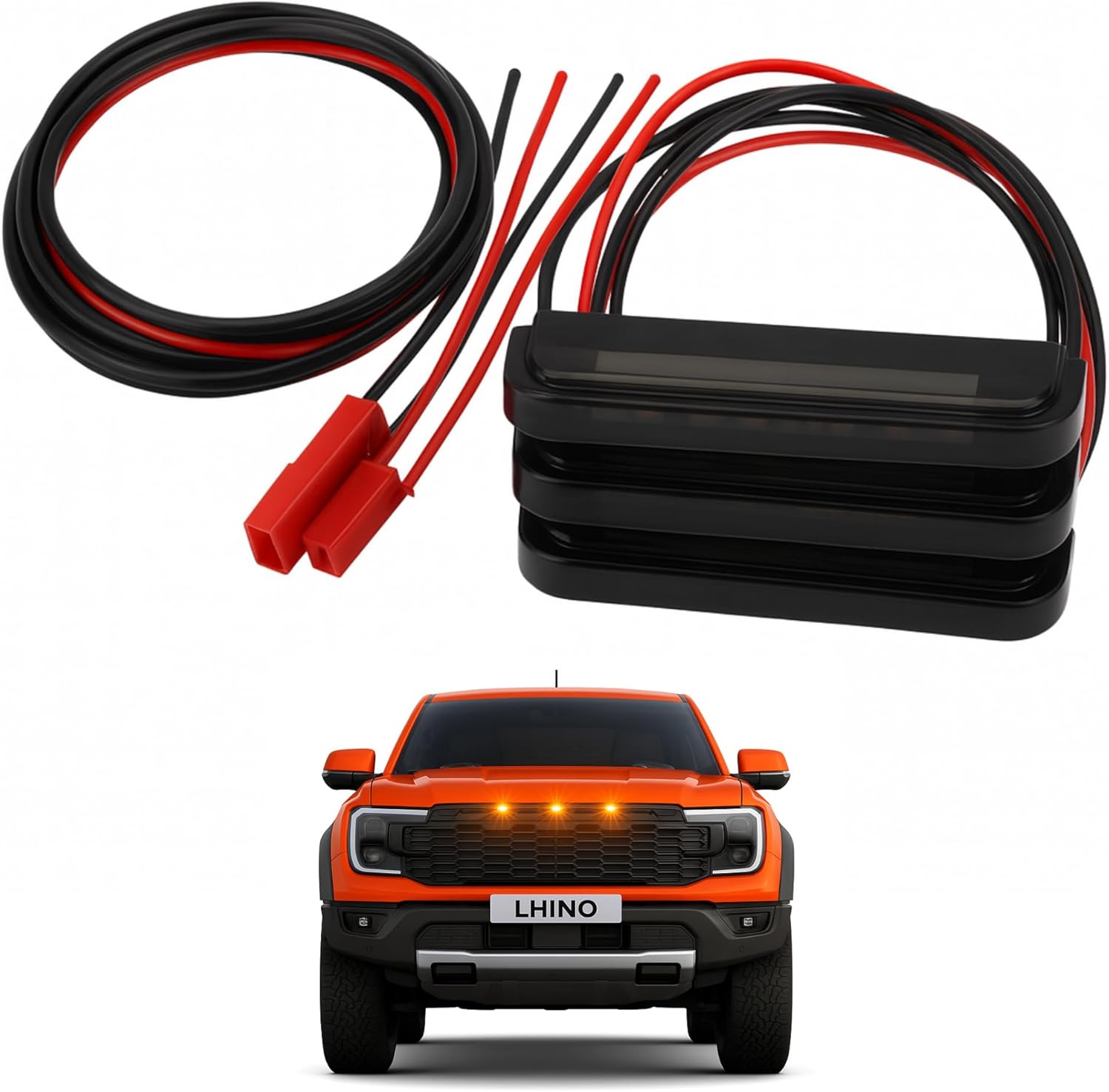 3pc Amber LED Front Grille Lights Compatible with 2022-2025 Ford Next-Gen Ranger Raptor Trucks, Smoked Lens, Seamlessly Integrates with AUX Switch