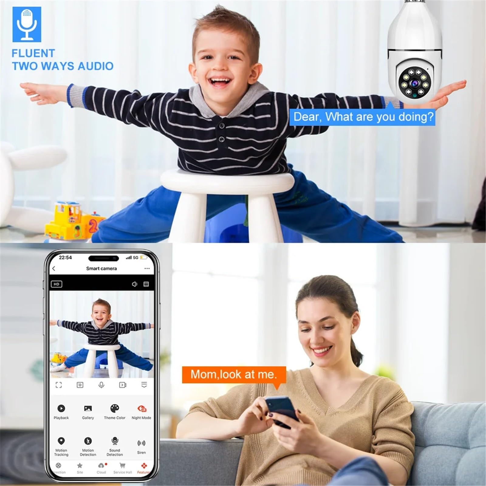 Caméra Ampoule HD E27 Couleur Vision Nocturne WiFi caméra intérieure Alarme vocale Audio bidirectionnel AI Suivi de Mouvement IP,Tranquillité d'esprit Toujours(Cam Add 128G Card)
