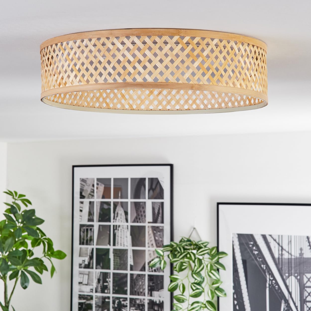 HOFSTEIN LED Deckenleuchte Barroco, dimmbare Deckenlampe aus Metall/Bambus/Kunststoff in Weiß/Natur, Boho-Leuchte mit Memory-Funktion, CCT einstellbar, Fernbedienung, 24 Watt, Wohnzimmer, Schlafzimmer