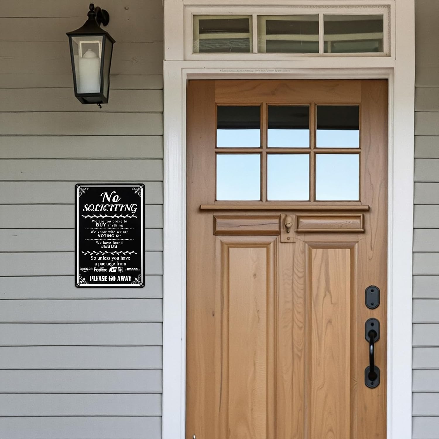 Funny No Soliciting Sign for House Front Door, Metal Rustproof Sign, Humorous "We're have found Jesus" Door Sign with Double Sided Foam Tape, 11.7 x 7.8 Inch - Image 5