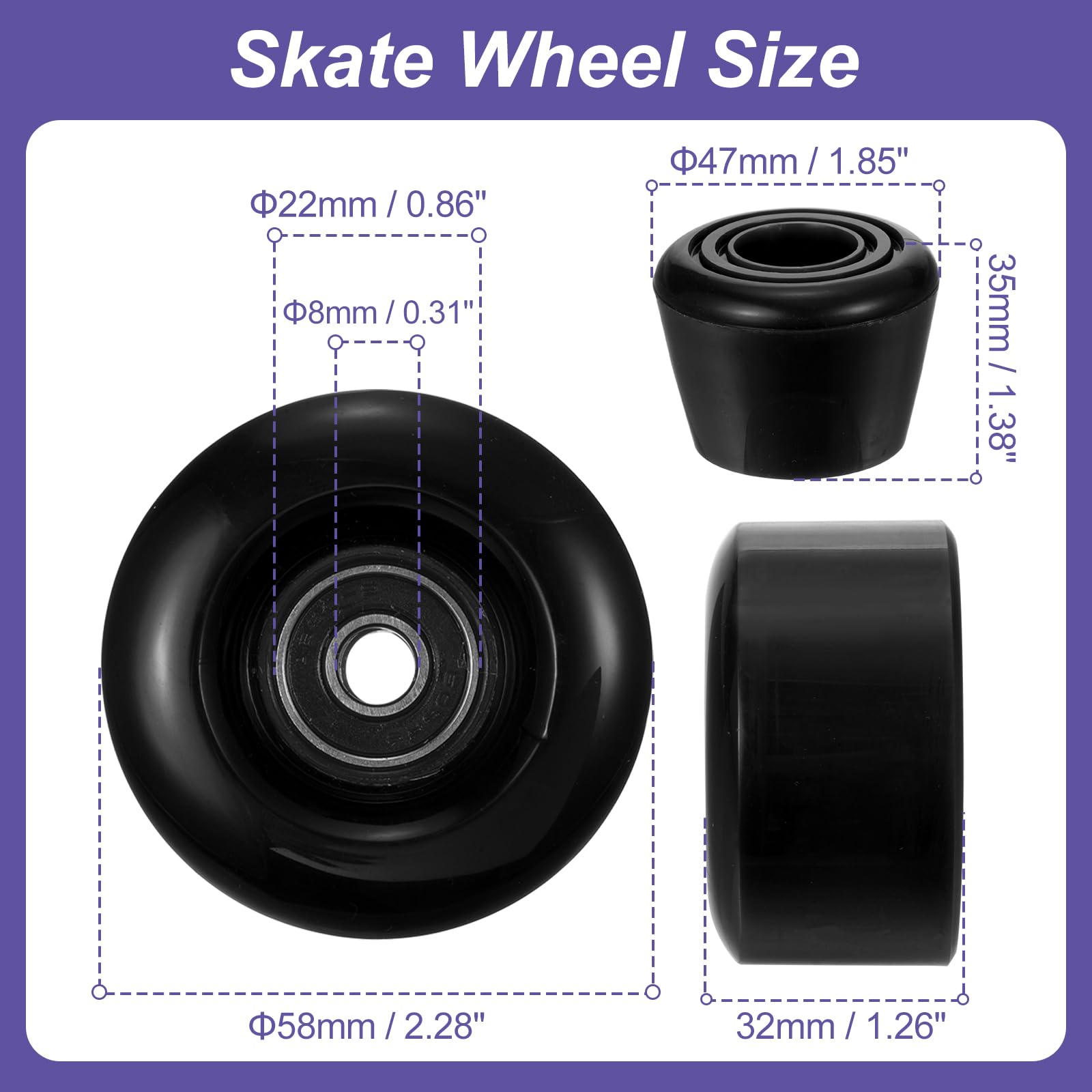 PATIKIL 58mm x 32mm Patines Ruedas con Rodamientos Duraderos, Patineta Frenos, Deterioro-Resistente PU Ruedas Reemplazos para Quad Patines y Monopatín - 1 Juego (Negro)