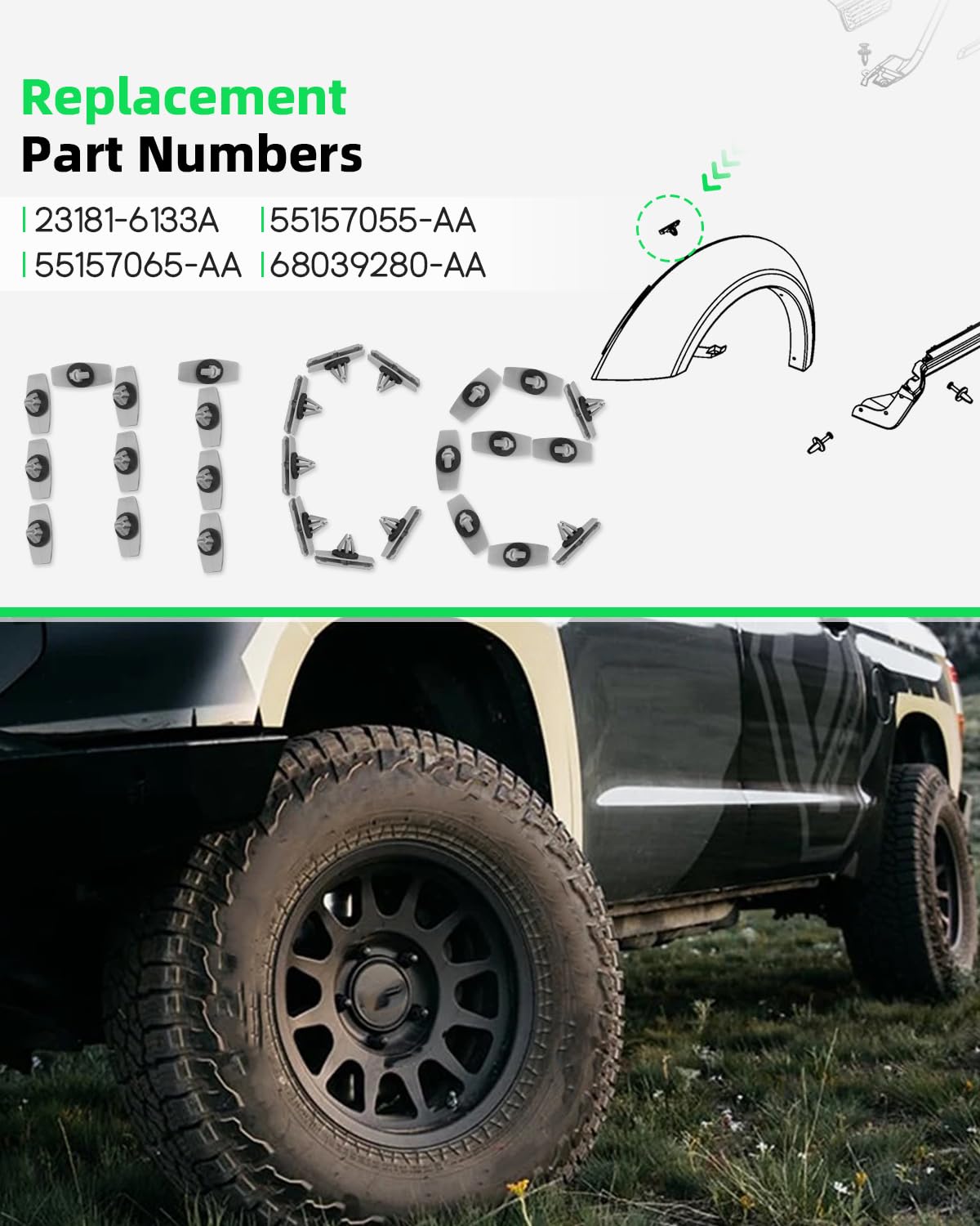 23181-6133A 68039280-AA 50pcs Fit for Jeep Fender Clips, Fender Flare Clips, for Jeep Wrangler Fender Clips, for Jeep JK, JL, Liberty, Gladiator, for Dodge Nitro Replace 55157055-AA