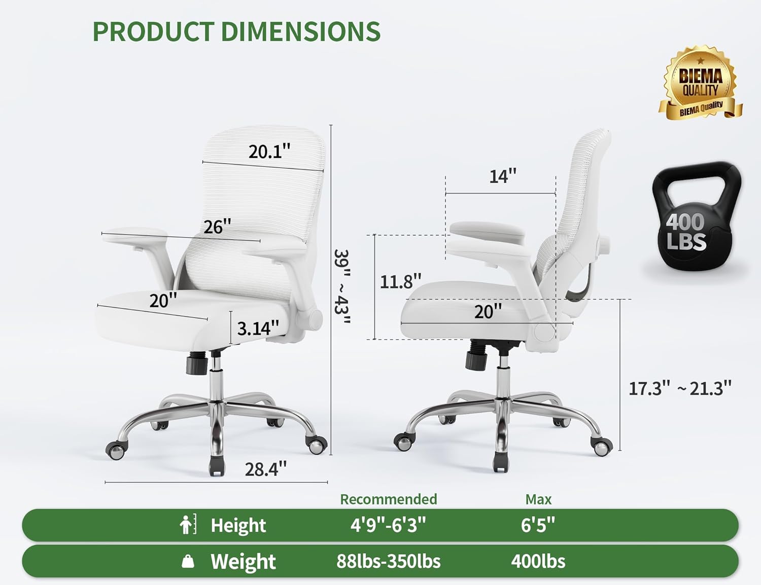 White Office Chair for Big and Tall People - 400lbs Wide Seat Computer Desk Chair Gaming Ergonomic High Back Cushion Lumbar Support with Comfy Mesh Swivel Rolling Home, Task Chair - Image 2