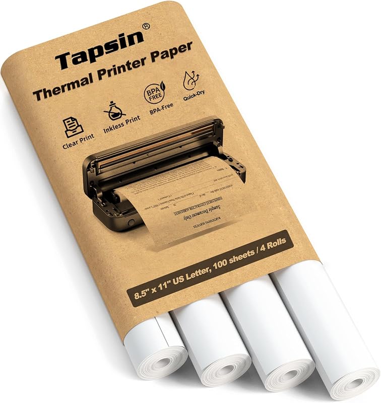Thermal Printer Paper 8.5 x 11 Inch, US Letter Size Quick-Dry Thermal Printing Paper Rolls, Thermal Paper Compatible with M08F-Letter, M832, M834, MT800, MT800Q Portable Printer, 100 sheets / 4 Rolls