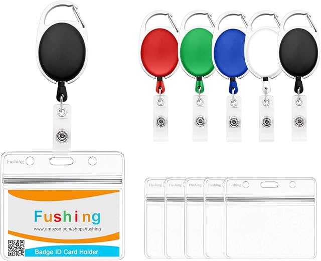 Fushing 5pcs ID Badge Holders PVC Card Holders with 5pcs Assorted Color Retractable Badge Carabiner Reel Clips Badge Reels (Horizontal)
