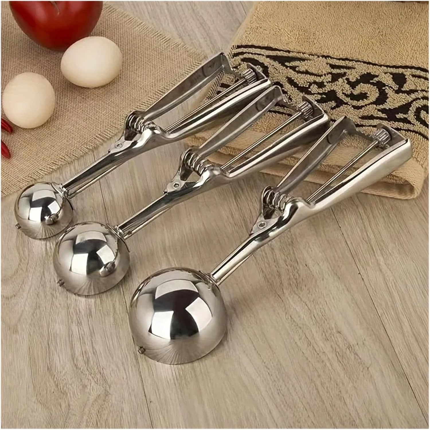3pcs Ice Cream Scoop Stainless Steel Fruit Mold Scooper, Spring Handle Home Kitchen Accessories Gadgets