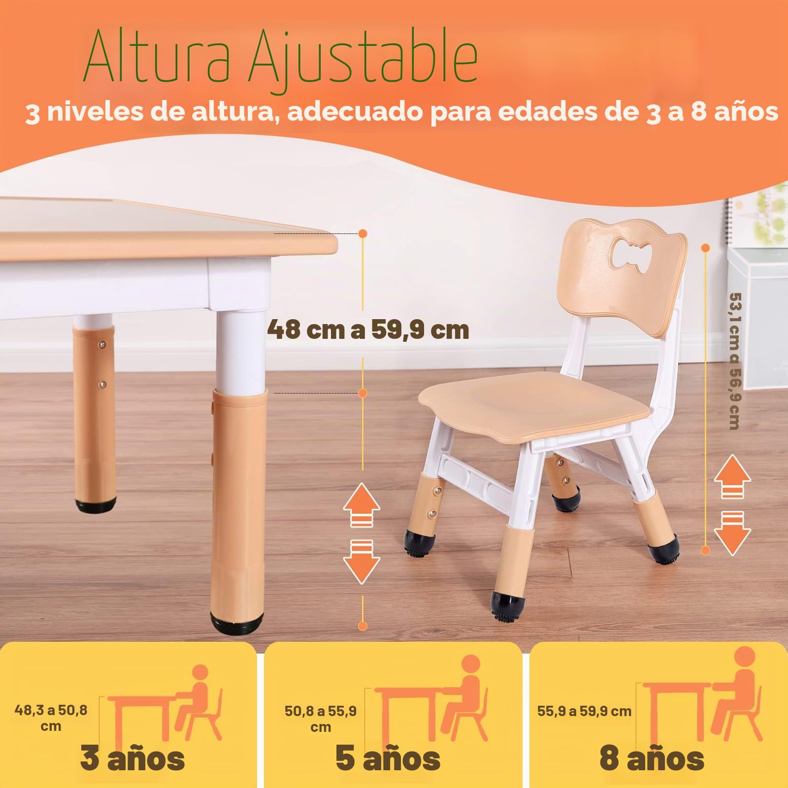 FUNLIO Mesa Infantil con 2 Sillas para Niños de 3 a 8 años, Mesa Niños Infantil de Altura Ajustable, Escritorio Niño Fácil de Limpiar, para Aulas/Hogares, Aprobado por CPC y CE (3 Piezas)