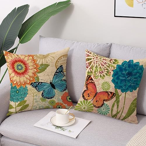 Miniatura 5 de wyooxoo Juego de 4 fundas de almohada de primavera y verano de 16 x 16 pulgadas, fundas de almohada decorativas de lino con flores y mariposas para