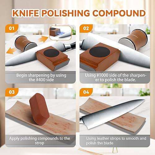 Miniatura 6 de Kit de rodillos de afilador de cuchillos con base de madera magnética mejorada de 15 y 20 grados, discos de diamante, trampa de cuero y compuesto de