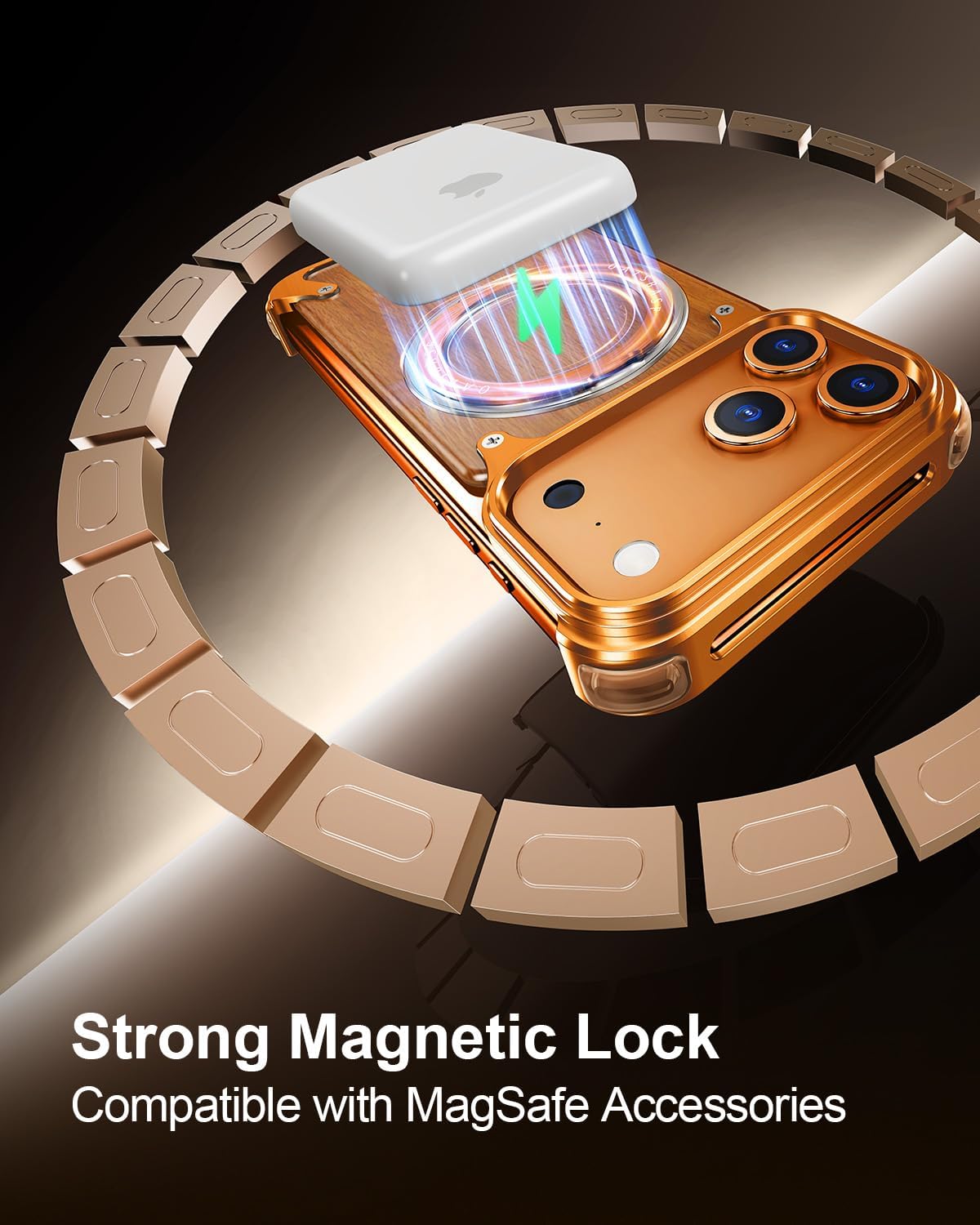 Solid Wooden Metal Phone Case for iPhone17 Pro, Frameless with Stand 360° Rotating Ring Stand Shockproof Protective Cover, Compatible with MagSafe, Orange