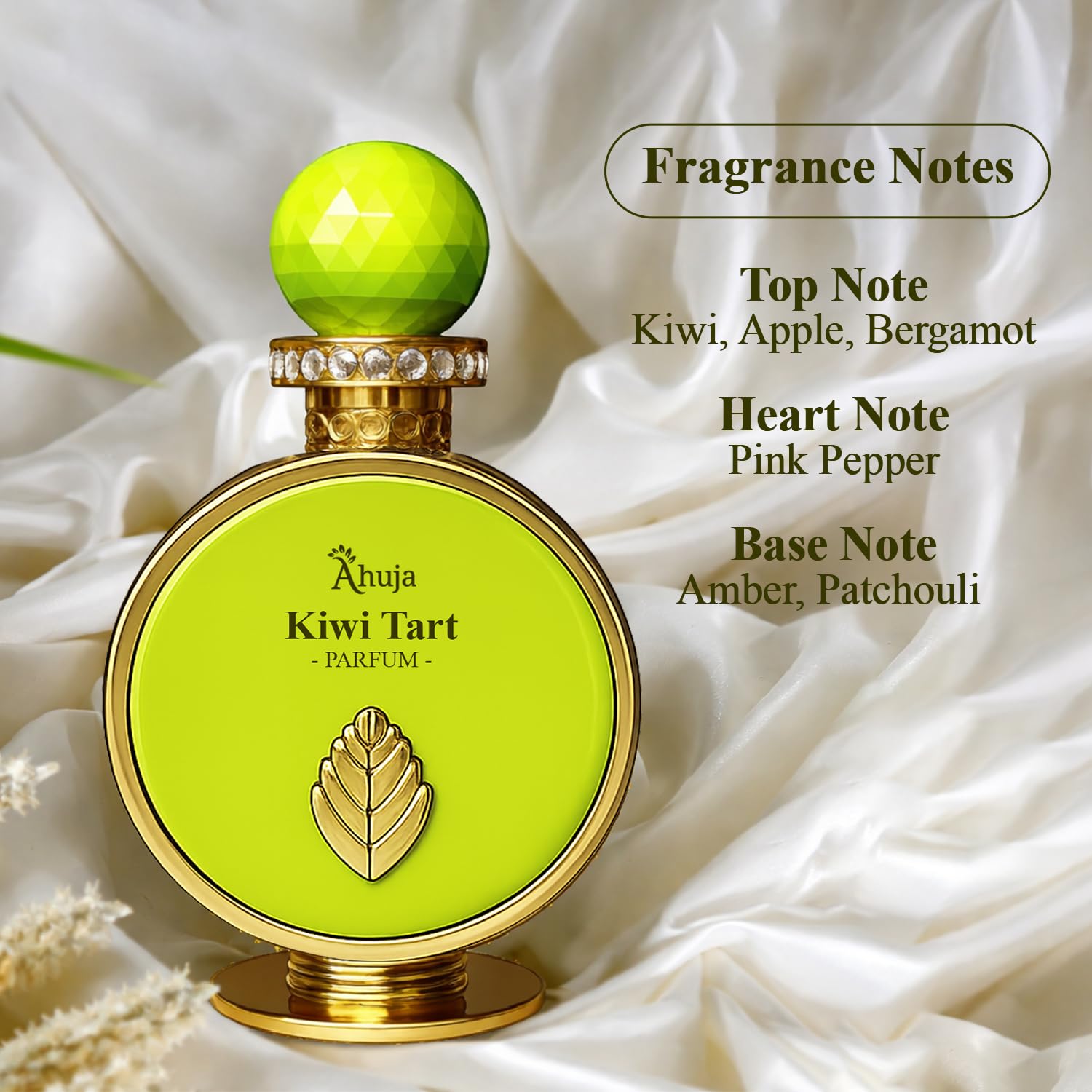AHUJA Kiwi Tart – 3.4 oz Parfum | Unisex Fresh Spicy Fruity Scent | 30% Long Lasting Oil | Kiwi, Apple, Bergamot, Pink Pepper, Amber, Patchouli | Luxury Green Gift Box | “Sweet Bites Back”