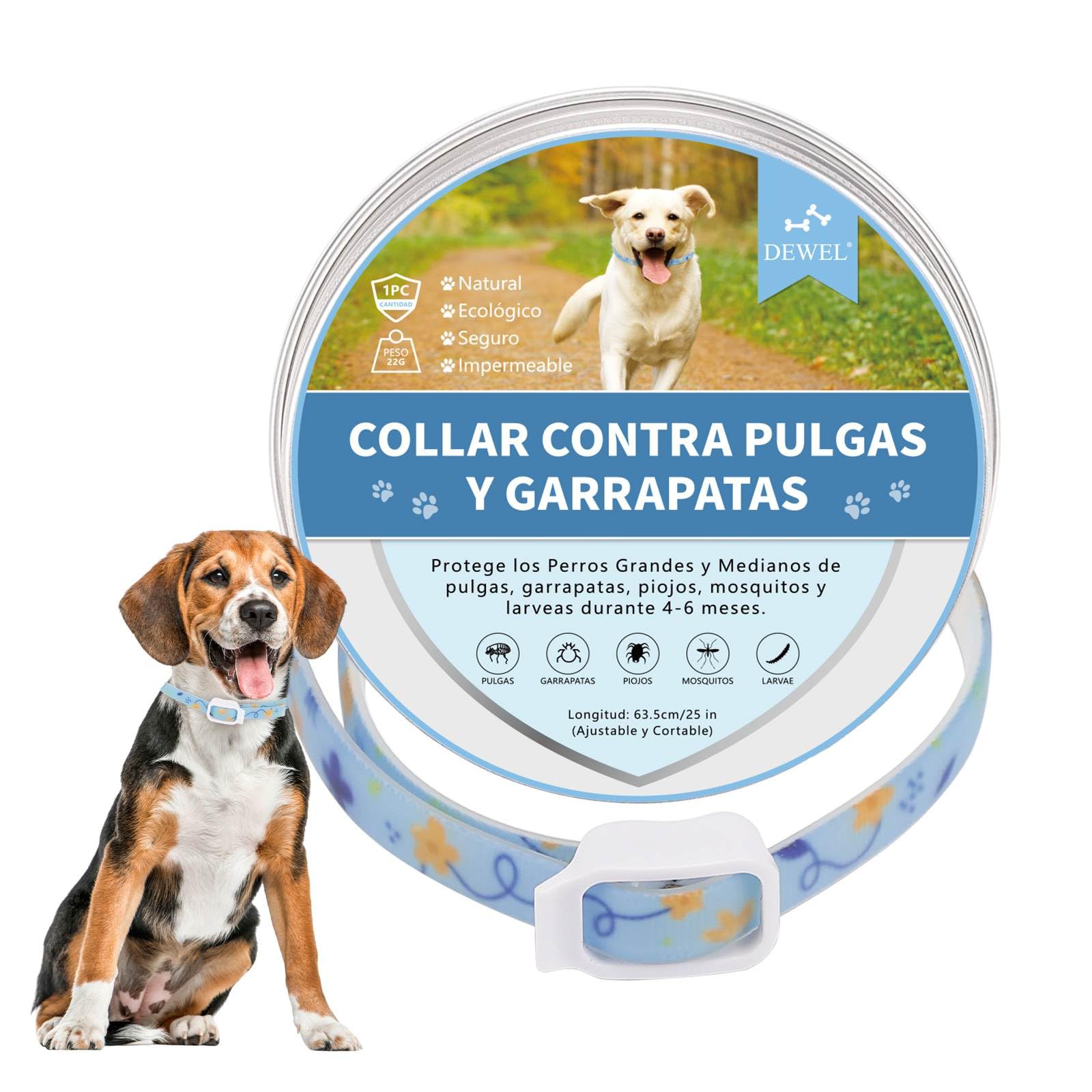 DEWEL Collar Antiparasitarios Perros, Collar contra Pulgas, Garrapatas y Mosquitos, Collar Antipulgas para Perros y Gatos 6-8 Meses, Collar para Perros y Gatos (Azul, M)
