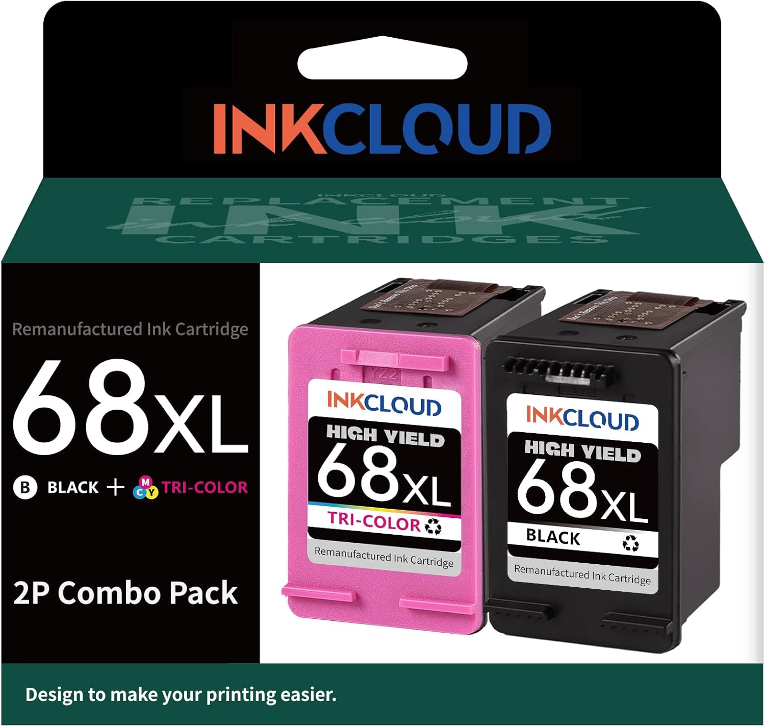 68XL Black/Tri-Color Ink Cartridges Combo Pack Compatible for HP 68XL 68e 68 Work with HP Envy 6155e 6555e 6152e 6552e 6558e 6100e 6500e Series Printer - High Yield