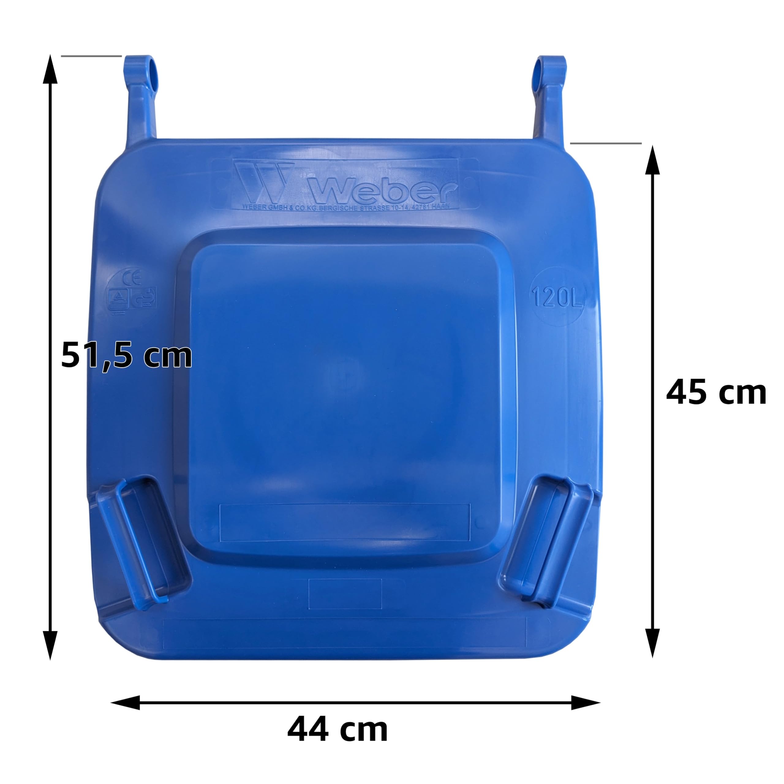 plasteo Coperchio per bidone della spazzatura colorato, in plastica, adatto per 120 litri di tonnellate Weber, con 2 bulloni a cerniera, conforme alla norma DIN EN 840 (Bblu)