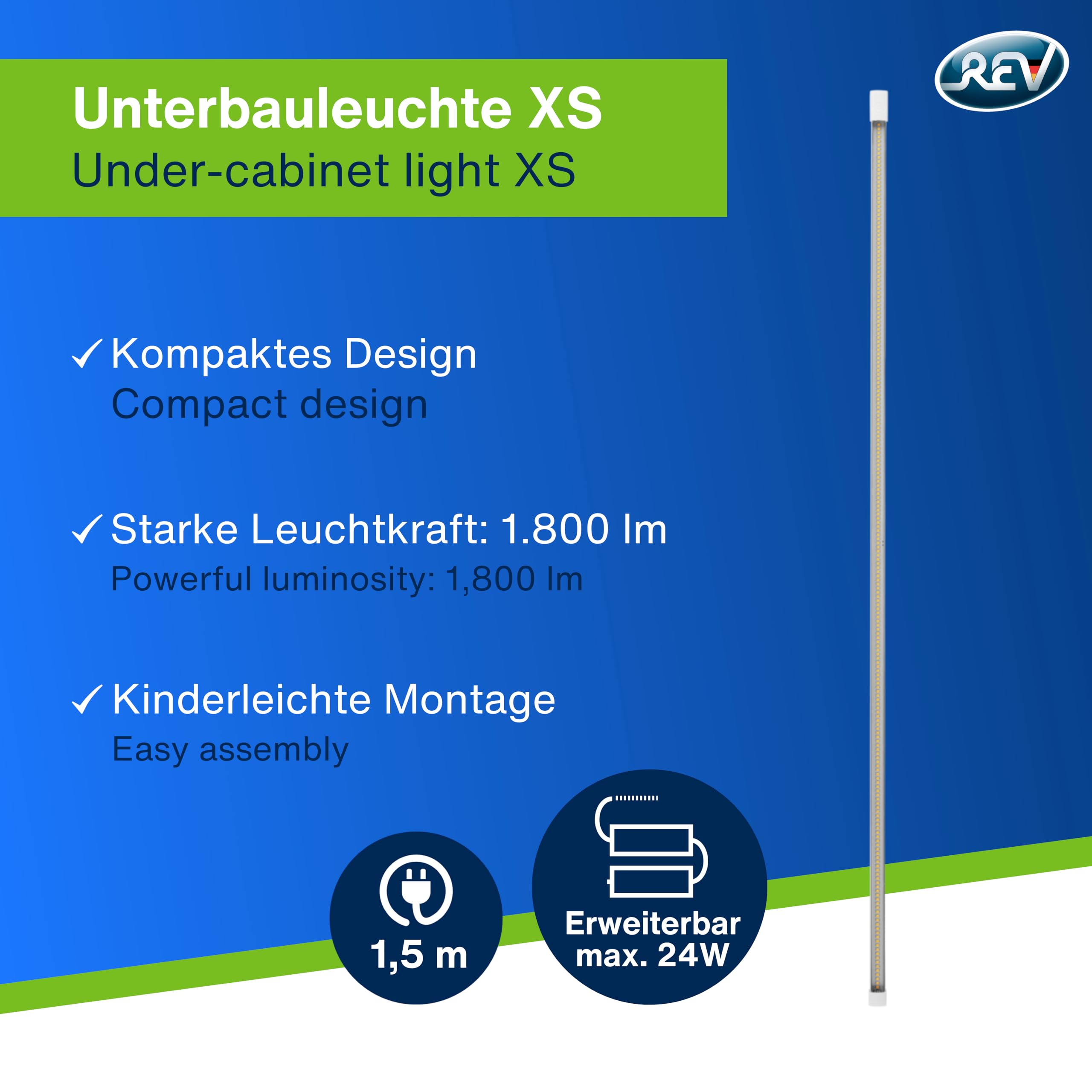 REV - LED Unterbauleuchte XS mit Sensor, 25.000h, Lampe 15W, 1800lm, 1000 x 20 x 15 mm, silber