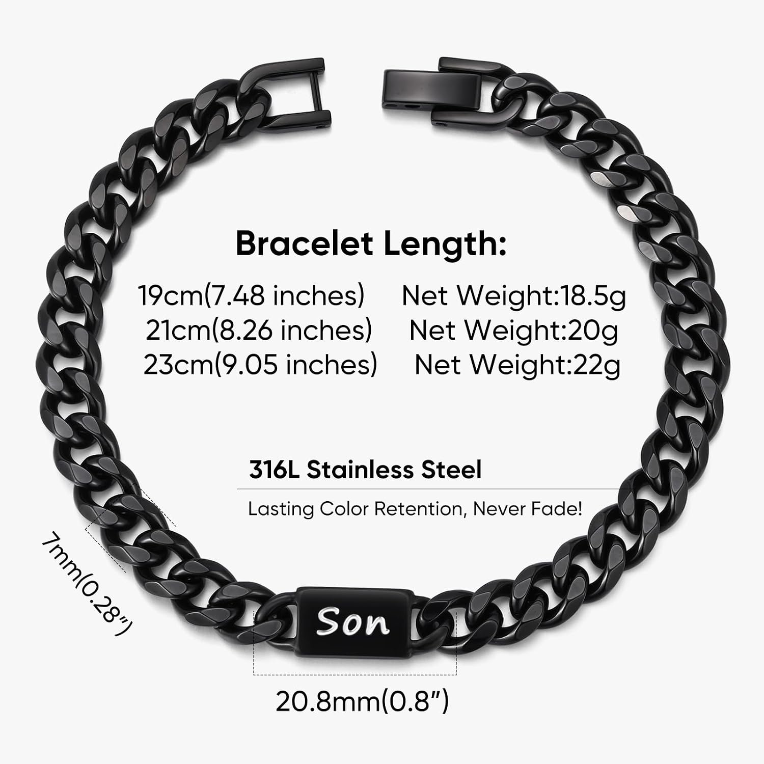 Stainless Steel Bracelet Gifts for Son from Mom Dad - Silver Cuban Chain Link Men's Bracelet Gifts Classic Hip Hop Stacking Layered Birthday Christmas Personalized Waterproof Jewelry Gifts for Him